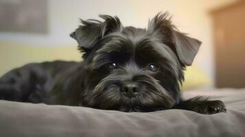 Portrait of Affenpinscher lying on bed photo