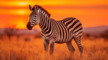 Photo of zebra on savanna at sunset. Generative AI