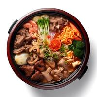 Food photography of Sukiyaki on black bowl isolated on white background. Generative AI photo