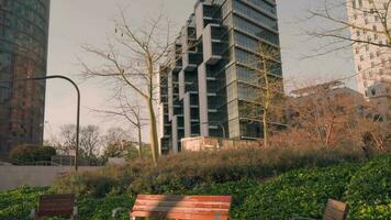 A wooden bench next to a tall building video