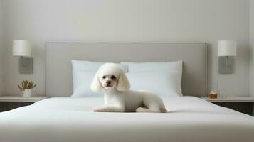 Poodle dog lying on bed in hotel with contemporary interior design. Generative AI photo