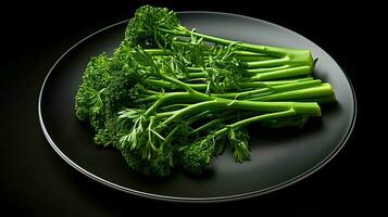 foto de broccolini en plato aislado en negro antecedentes