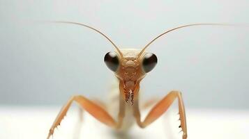 Photo of a praying mantis on white background. Generative AI