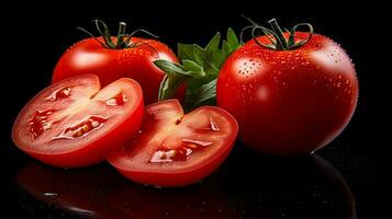 Photo of Tomatoes and slice of tomato isolated on black background