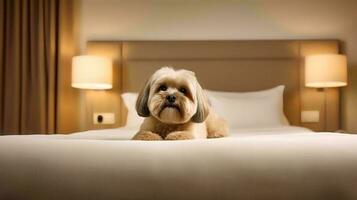 Lhasa apso dog lying on bed in hotel with contemporary interior design. Generative AI photo