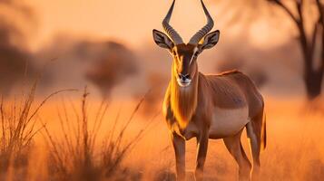 Photo of Hartebeest on savanna at sunset. Generative AI