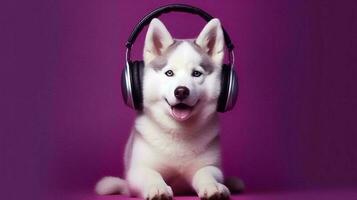 Photo of siberian husky using headphone  on purple background. Generative AI