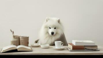 a samoyed dog in a sweater sits studying accompanied by a cup and piles of books photo