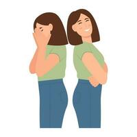 Bipolar disorder concept. Woman  Showing Two Different Moods Euphoria and Depression. Mental health problem.Opposite emotions. Vector illustration