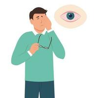 Man suffers from sore eyes. Inflammation and sharp pain in eyes.  Redness, dry eyes. Conjunctivitis, infection and allergies symptom. Vector illustration.