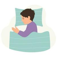 The boy sleeping in bed. A kid lying on a pillow and covered with a blanket.Vector illustration vector