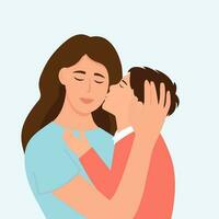 Mom hugs her son . Mother holds child. Mothers Day.Parent shows love and care. Vector illustration