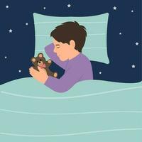 The boy sleeping in bed. A kid lying on a pillow and covered with a blanket.Vector illustration vector