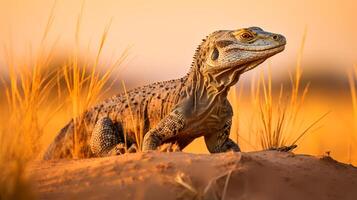 Photo of Nile Monitor on savanna at sunset. Generative AI