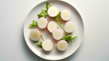 Photo of Turnips sliced pieces on minimalist plate isolated on white background