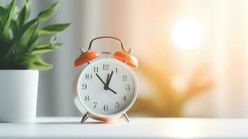 Photo of Minimalis alarm clock on white table isolated on blurry background