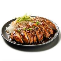 Food photography of Teriyaki Chicken on plate isolated on white background. Generative AI photo