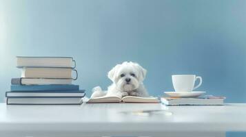 un maltés perro en un suéter se sienta estudiando acompañado por un taza y pila de algo de libros. generativo ai foto