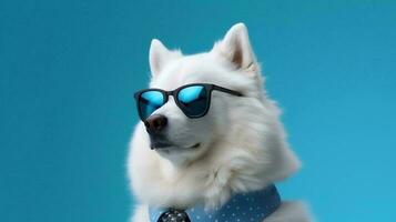 Photo of haughty samoyed dog using glasses  and office suit on white background. Generative AI