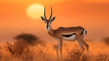 Photo of Thomsons Gazelle on savanna at sunset. Generative AI