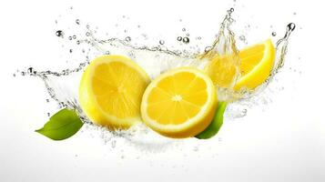 Photo of Fresh Lemon Slices with Water Splashes isolated on white background