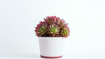 Photo of Sempervivum in minimalist pot as houseplant for home decoration isolated on white background. Generative AI