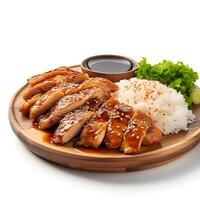 comida fotografía de teriyaki pollo en plato aislado en blanco antecedentes. generativo ai foto