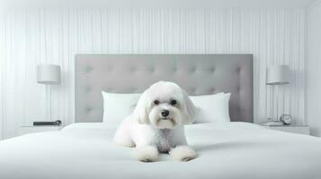 Maltese dog lying on bed in hotel with contemporary interior design. Generative AI photo