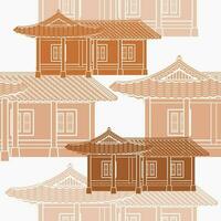 Editable Monochrome Traditional Hanok Korean House Building Vector Illustration as Seamless Pattern for Creating Background and Decorative Element of Oriental History and Culture Related Design