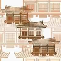 Editable Front View Wide Traditional Hanok Korean House Building Vector Illustration as Seamless Pattern for Creating Background and Decorative Element of Oriental History and Culture Related Design