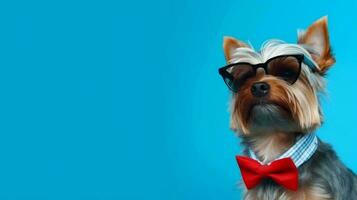 Photo of haughty yorkshire terrier using sunglasses  and office suit on white background