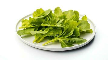 Photo of Mustard greens on plate isolated on white background