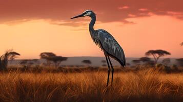 Photo of Goliath Heron on savanna at sunset. Generative AI