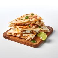 Photo of Chicken Quesadilla on wooden board isolated on white background. Created by