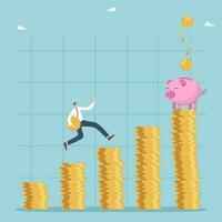 Investing funds in investments and stocks, increasing savings and creating deposit cells, significant success in wealth management, financial growth, man runs with coin stacks of coins to piggy bank. vector