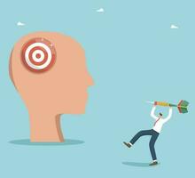 Setting and achieving goals, motivation and determination on path to success, planning and strategies in solving work issues, new opportunities for high results, man throws dart at target on head. vector