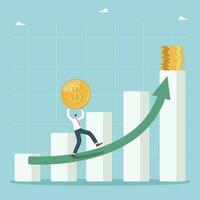 Financial and economic growth and enrichment, an increase in the value of a business and an investment portfolio, an increase in income and wages, man carries a coin along the arrow of a growing graph vector