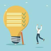 Big idea for solving business problems, planning and time management for successful achievement of goals, meeting project deadlines and work schedule, happy man near light bulb with completed tasks. vector