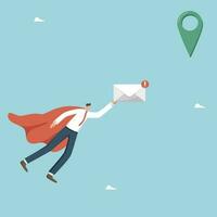 Fast sending urgent letters, email communication, company employees work business correspondence, mail account login notifications, information concept, man flying like superman with urgent letter. vector