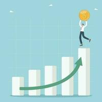 Financial growth and enrichment, business and investment value increase, income and wage growth, economic development, economic and market stability, happy man at the top of the graph with a coin. vector