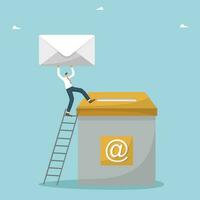 Communication by e-mail, working business correspondence of company employees, information concept, sending messages, targeting and promotion through mailing, man throws envelope into a large mailbox. vector