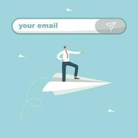 Communication by e-mail, sending emails and letters, working business correspondence of company employees, targeting and information concept, man flies on paper plane next to the message sending line. vector