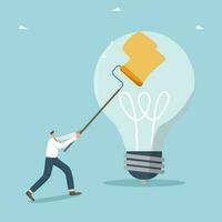 Creative thinking to create successful business development ideas, search for new opportunities to achieve great success, logic and intelligence to solve problems, man paints a light bulb with roller. vector