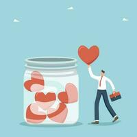 Support concept, help charity campaign for public awareness, mental health, keep balance between work and personal life, inspiration and motivation, find a dream job, man throws heart in jar of hearts vector