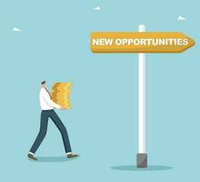 New opportunities in increasing income, making profits from unexpected sources, investing in investment portfolio and buying company shares, man carries stack of coins at pointer of new opportunities. vector