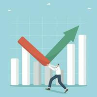 estrategias para mantener rentabilidad o mejorando estado de negocio durante un económico crisis, recuperación ganancias después recesión, métodos a incrementar ventas, hombre rompe flecha Moviente abajo grafico. vector