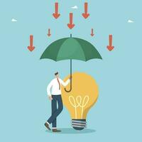 High-risk innovations, creative ideas that can withstand the economic crisis, brainstorming and new startups to take business to a new level, man protects light bulb from falling arrows with umbrella. vector