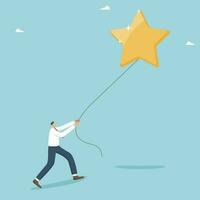 Desire and motivation to achieve high result in work or study, new opportunities for great success, desire to move up career ladder and receive awards, growth and development, man pulls star with rope vector