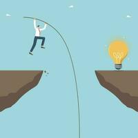 Put effort and be creative to create innovation, overcome difficulties to brilliant ideas, logic or intelligence to solve problems, brainstorm for success, man with pole jumps over cliff to light bulb vector