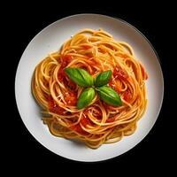 Food photography of Spaghetti on plate isolated on black background. Generative AI photo